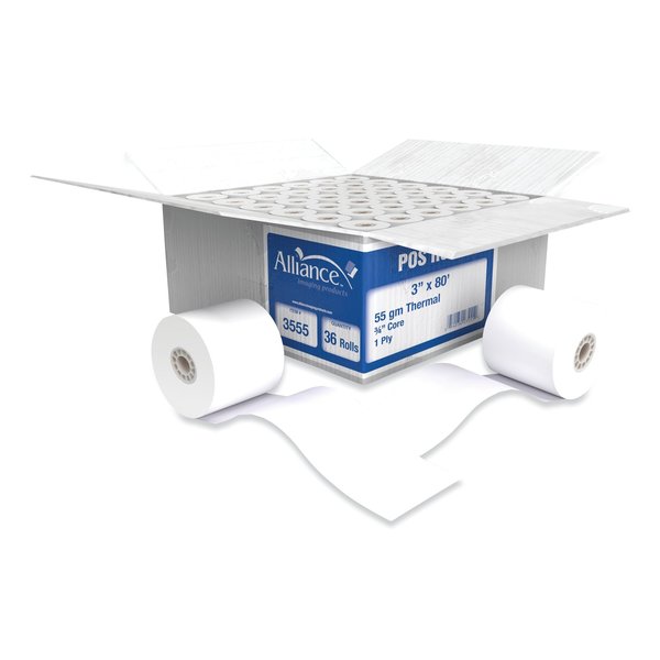 Alliance Thermal Cash Register/POS Roll, 3" x 80 ft, White, 36PK 3555